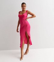 Public Desire Bright Pink Satin Cowl Neck Ruched Midi Slip Dress
